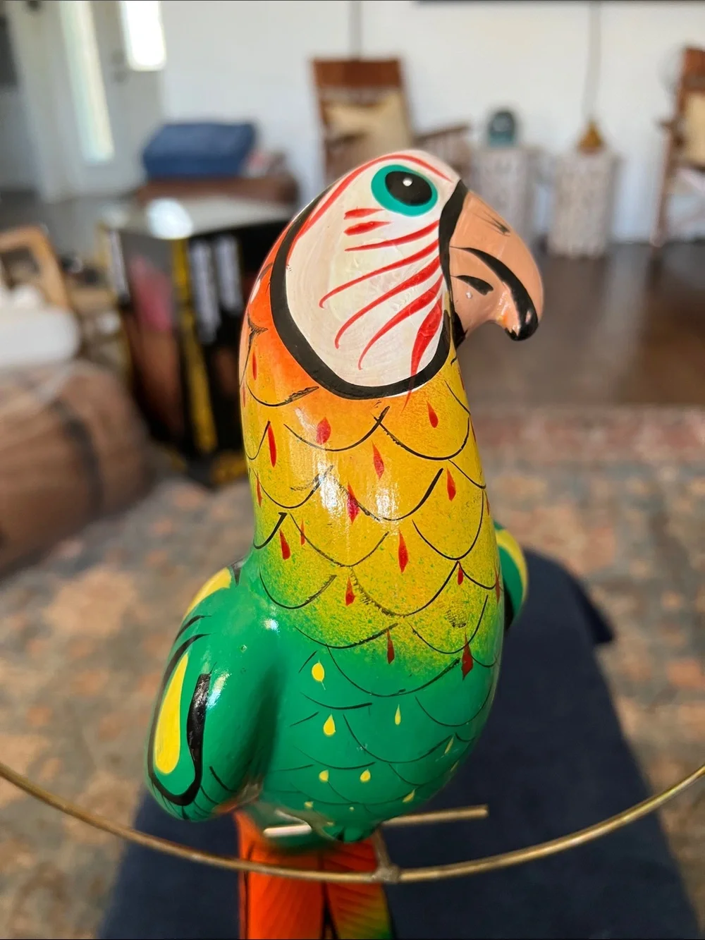 Colorful Parrot Hanging Bird Decor in Green and Orange - Ceramic Pottery